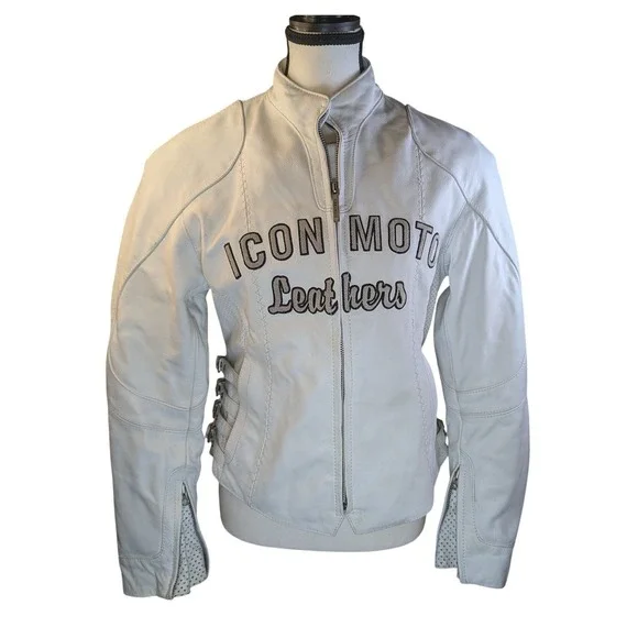 Icon Moto Leathers White Leather Motorcycle Biker Riding Jacket Buckle Side Sm - Picture 3 of 16